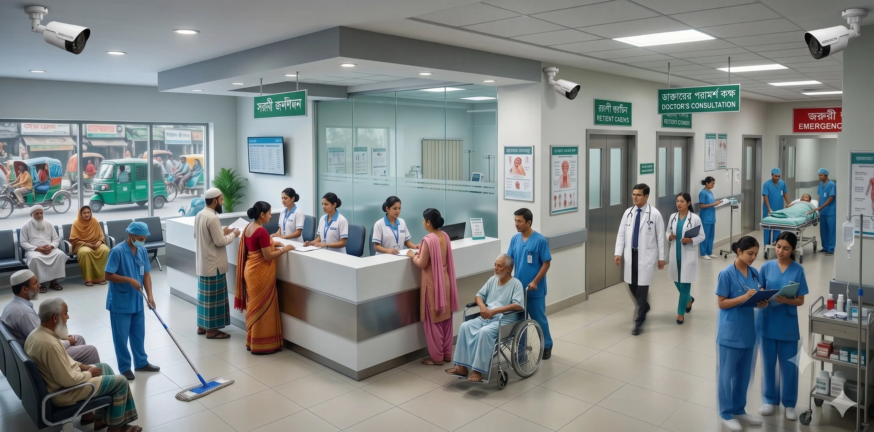 Nirikhon bullet IP cameras installed on the ceiling monitoring a busy diagnostic center reception area
