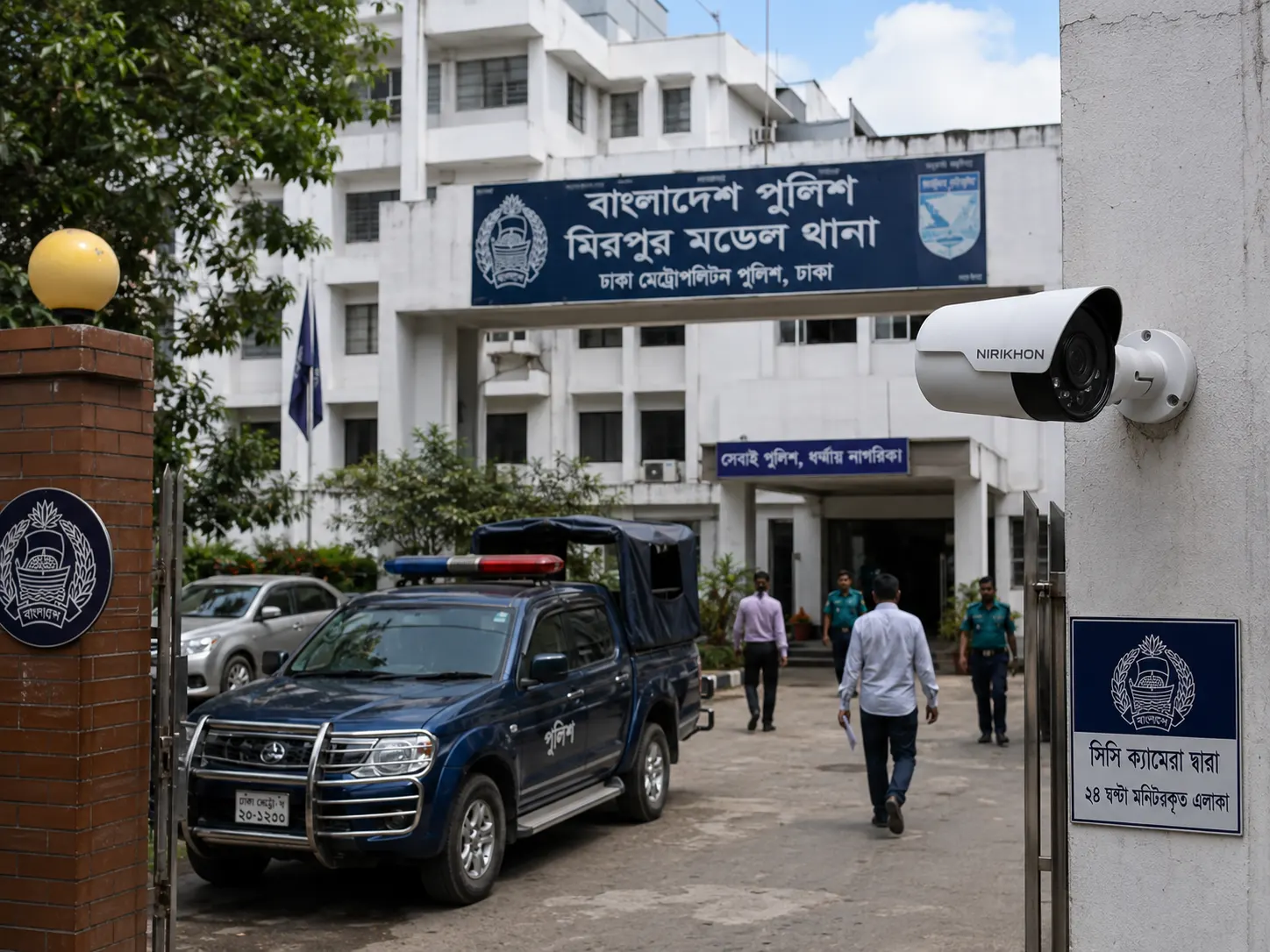 Nirikkhon 5MP bullet IP camera installed on a wall monitoring a police station perimeter and entrance gate